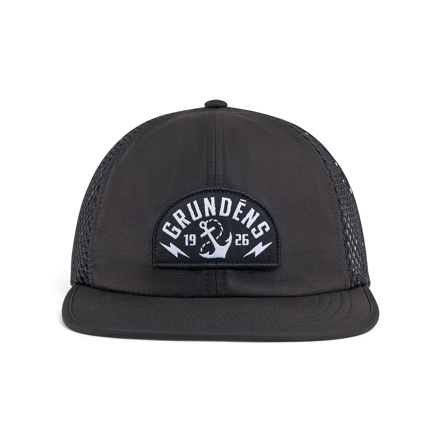 Black trucker hat with a mesh back and a patch featuring the brand name and an anchor design.