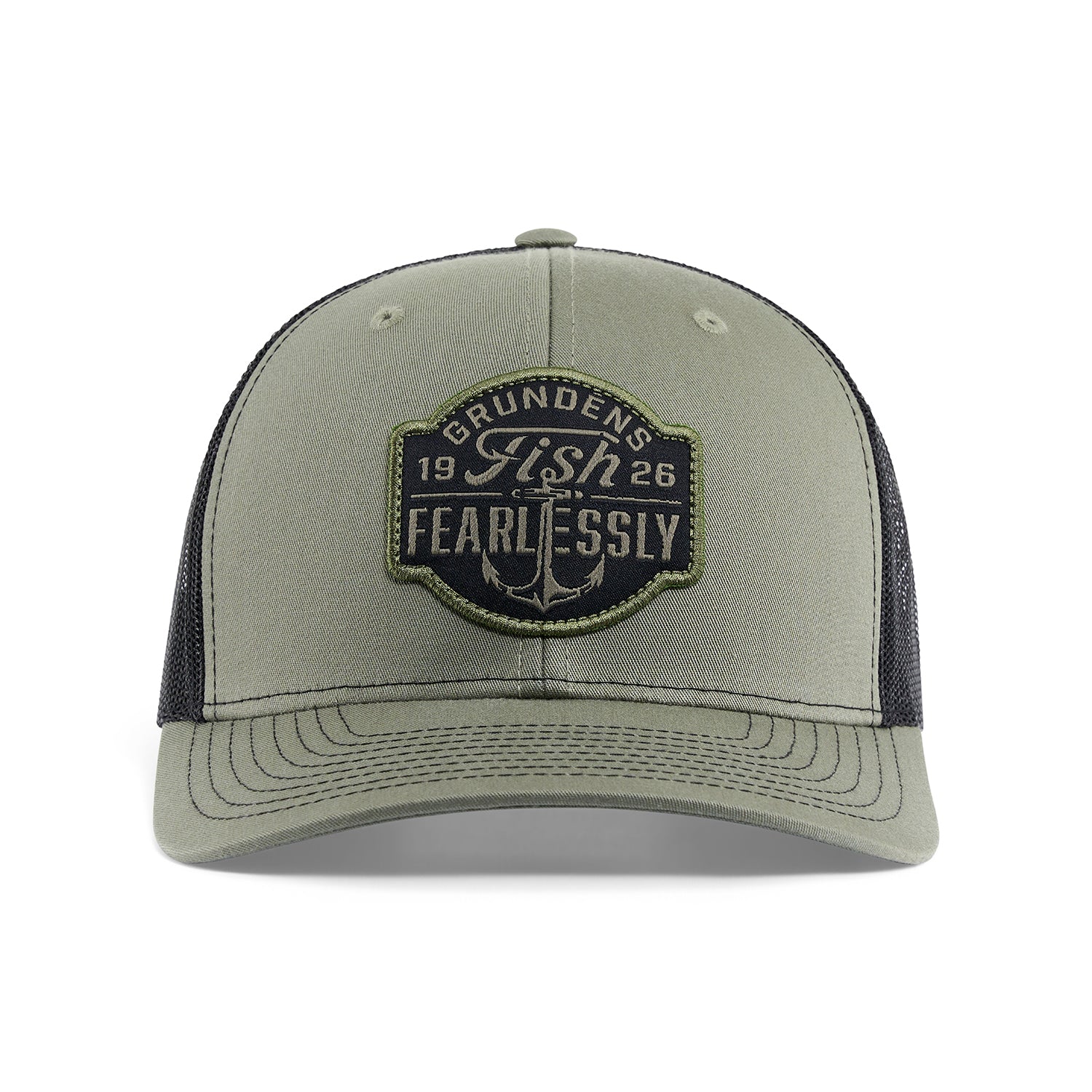 Trucker hat in olive green with a black mesh back and a patch featuring "Fish Fearlessly" and an anchor design.