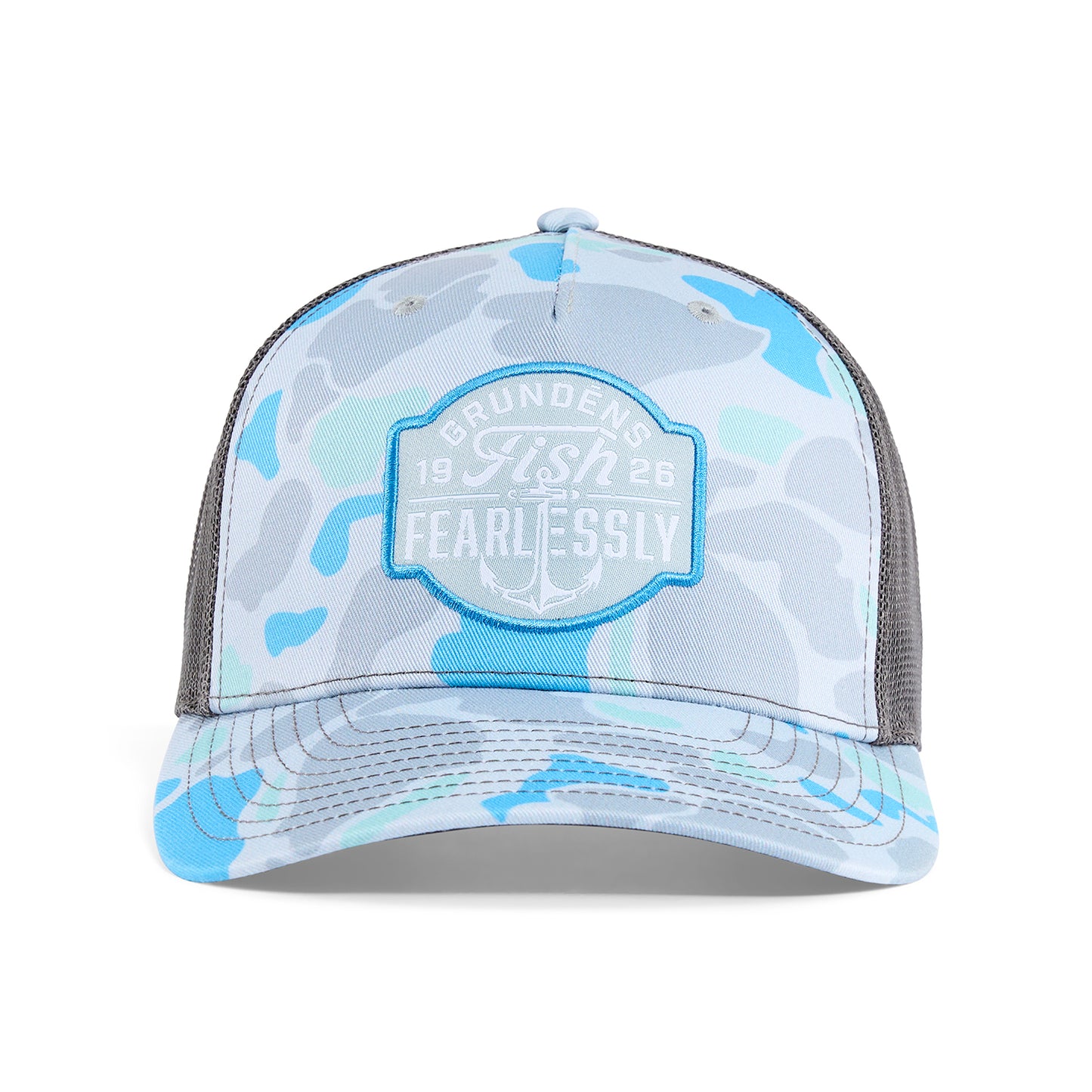 Fish Fearlessly Trucker Salt Camo Front View – Grundens