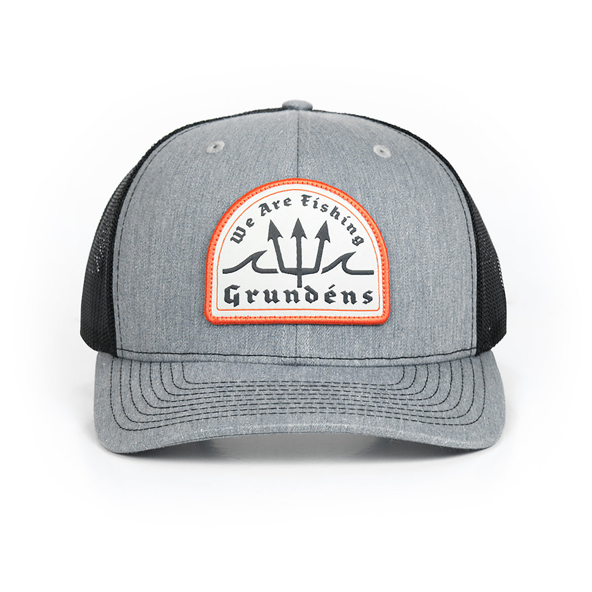 Poseidon Trucker Hat Heather Grey / Black Front View – Grundens