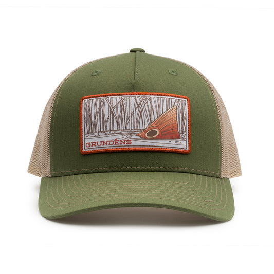 Green trucker hat with a mesh back and an orange-bordered patch featuring a fish design.