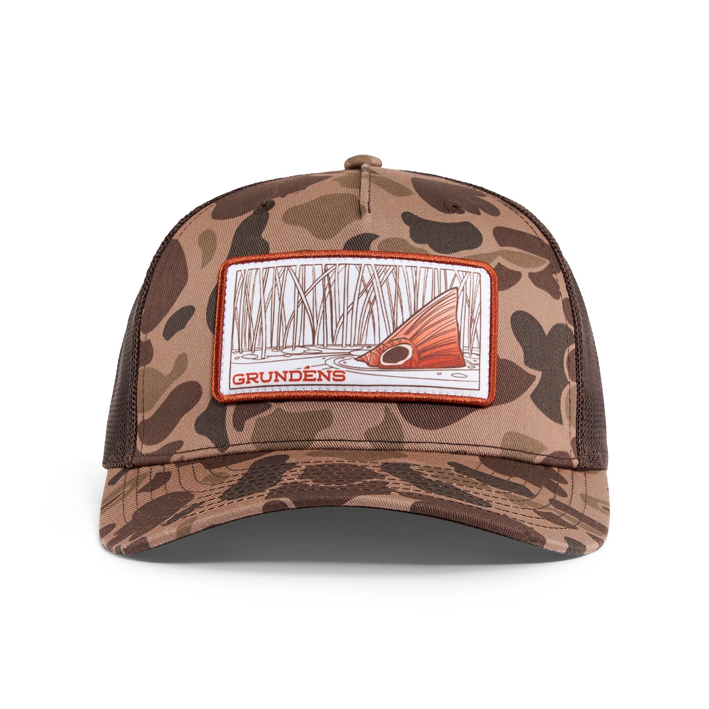 Brown camo trucker hat featuring a graphic patch with a fish and reeds, branded with "Grundéns."