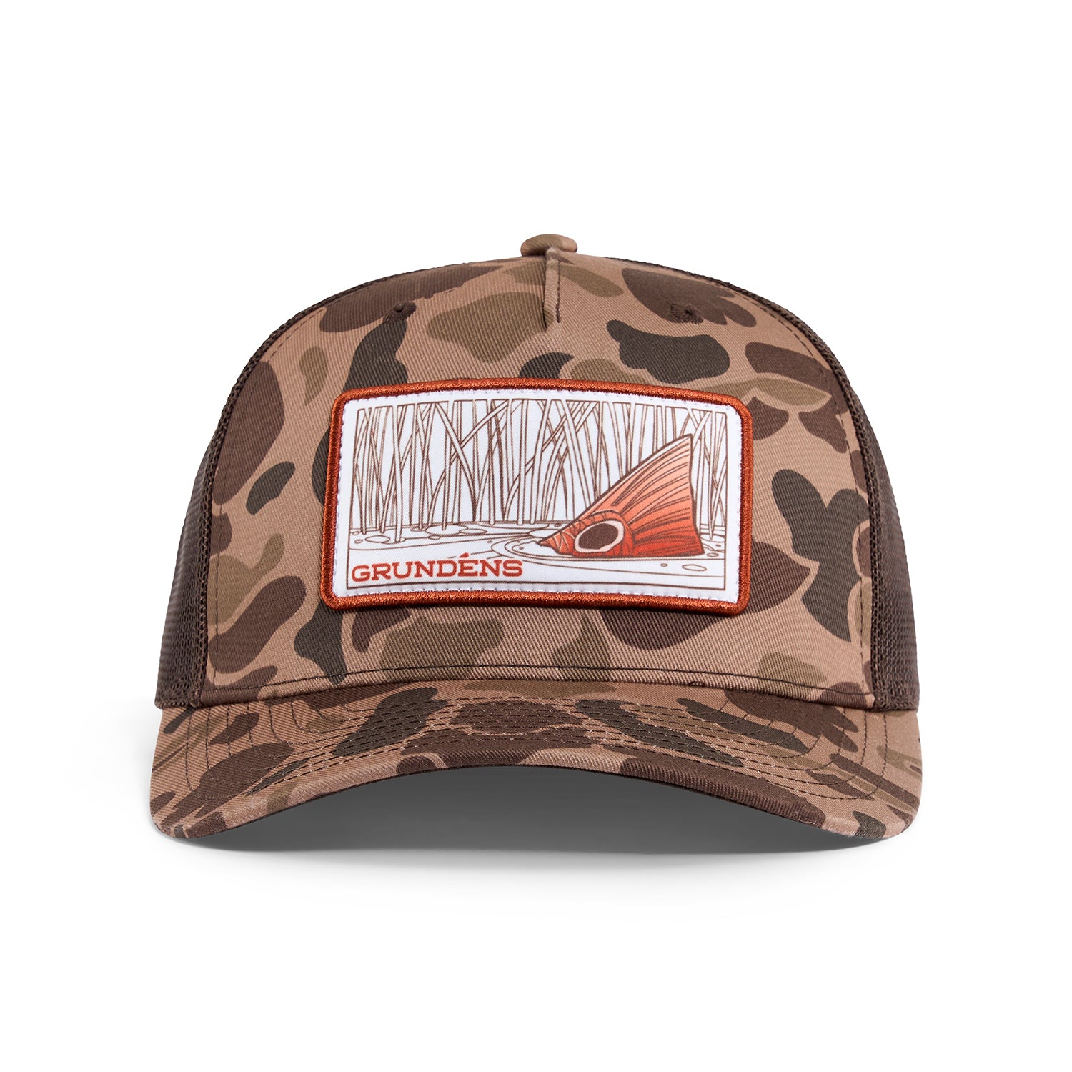 Brown camo trucker hat featuring a graphic patch with a fish and reeds, branded with "Grundéns."