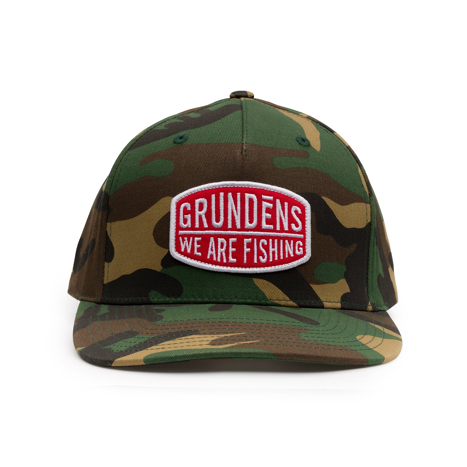 Camo trucker hat featuring a red and white "We Are Fishing" patch on the front.