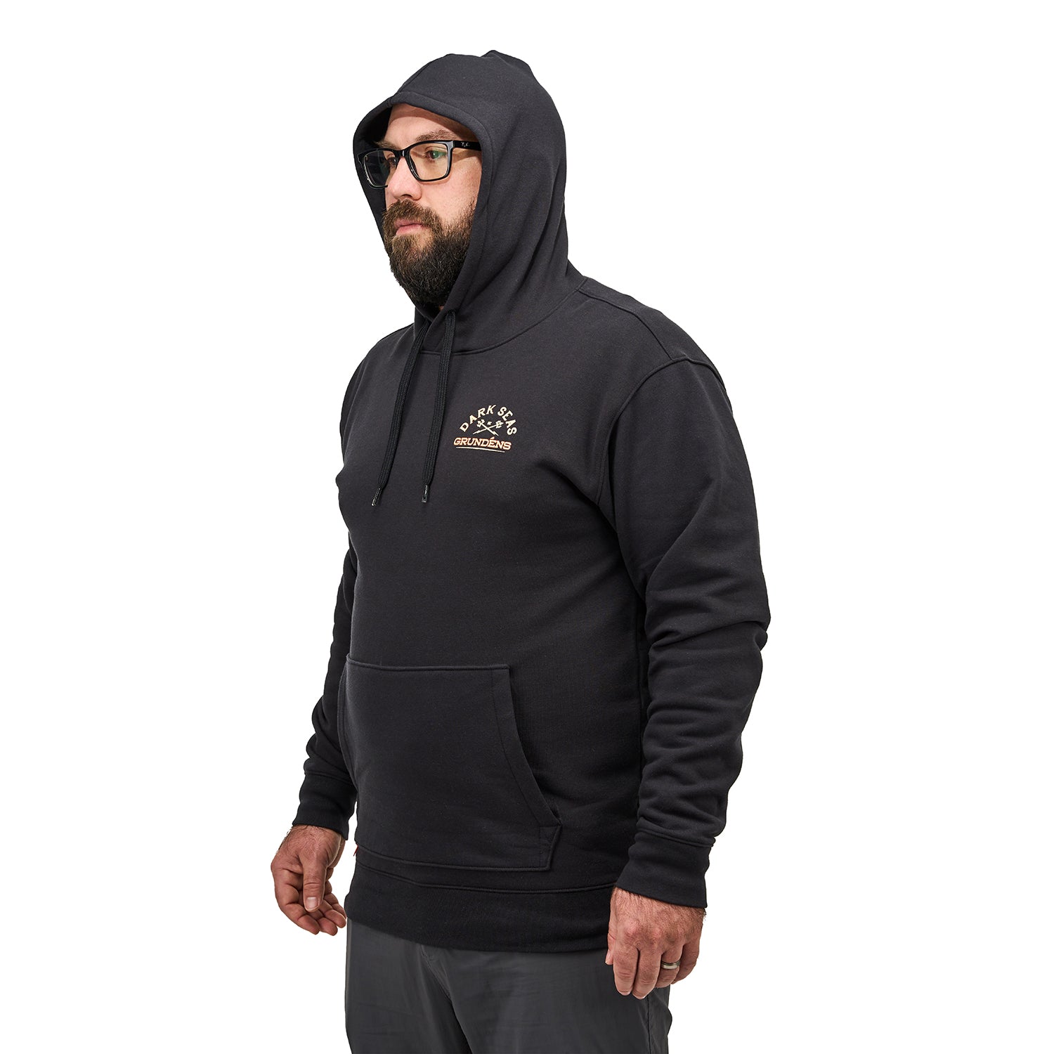 Dark Seas X Grundens Seaworthy Hoodie Black Detail View – Grundens