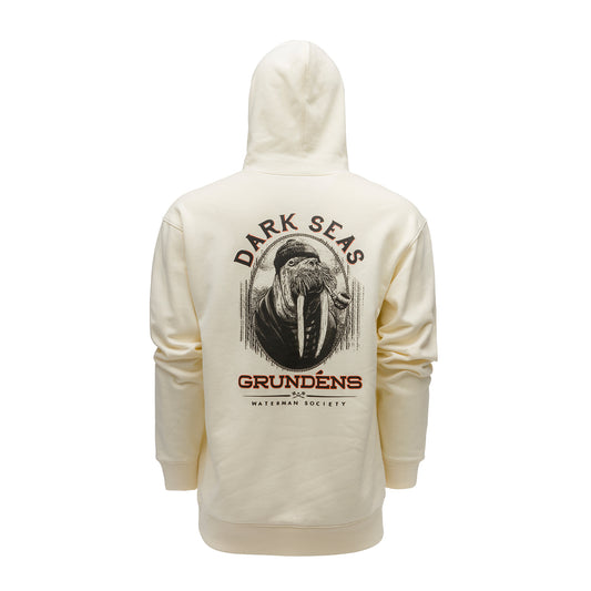Cream hoodie featuring a walrus graphic and "DARK SEAS GRUNDÉNS WATERMAN SOCIETY" text on the back.