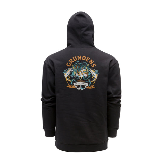Black hoodie featuring a colorful fishing-themed graphic on the back with the text "GRUNDENS" and "WE ARE FISHING."