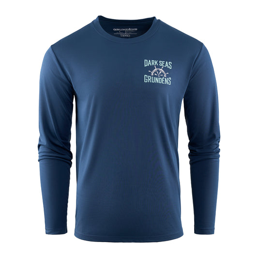 Long-sleeve navy blue tech tee featuring "Dark Seas" and "Grundéns" logos on the chest.
