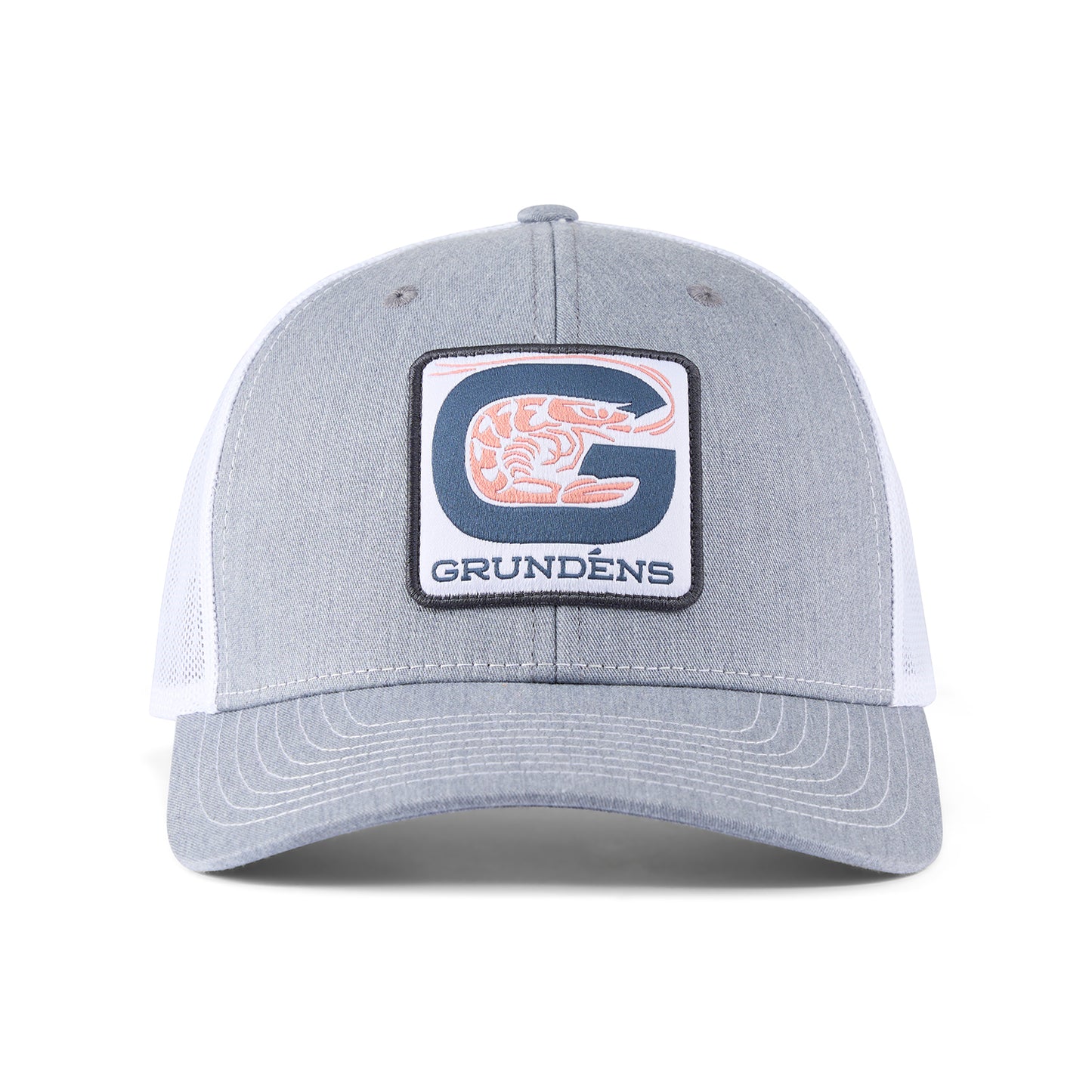 Gray trucker hat with a white mesh back and a patch featuring a shrimp and the "G" logo for Grundéns.