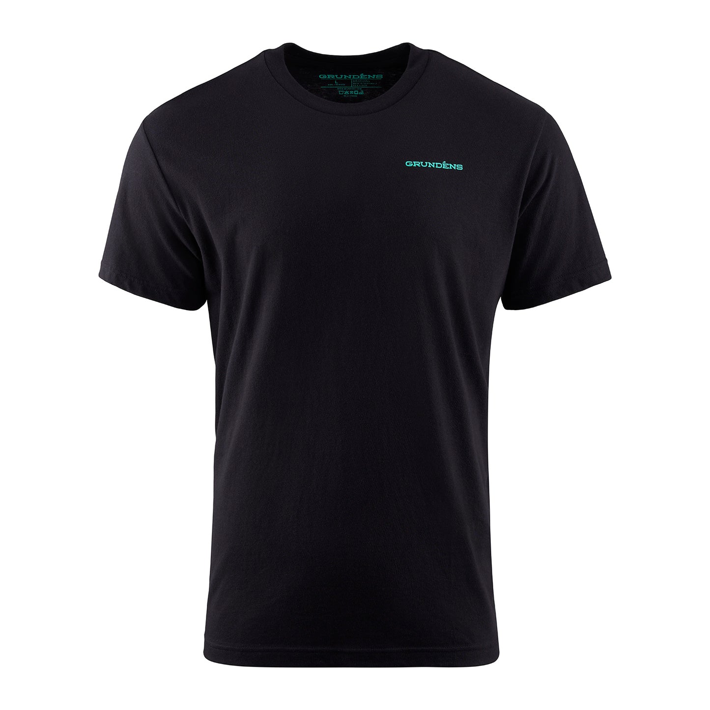 Black short-sleeve t-shirt featuring a small turquoise logo on the chest.