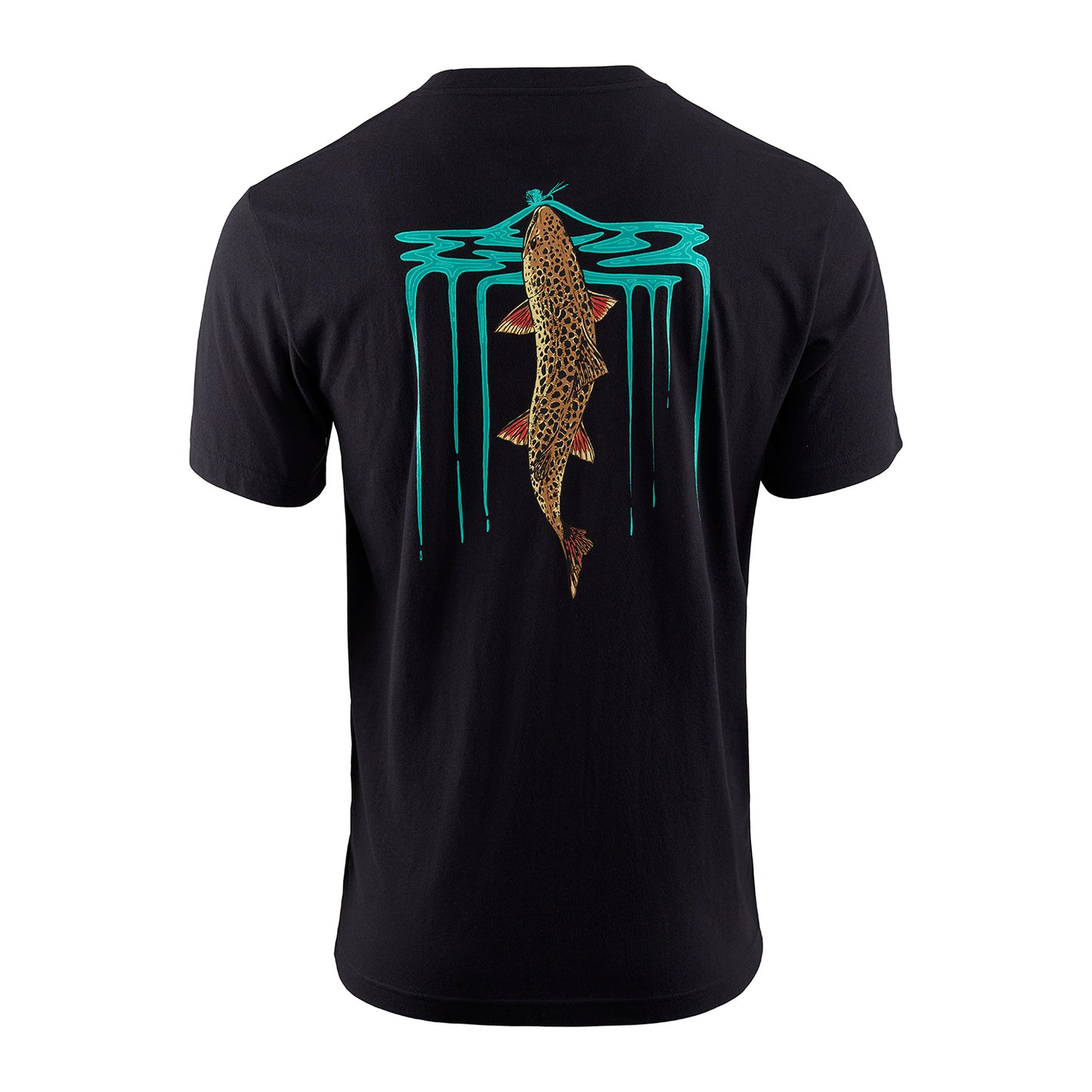 Black short-sleeve t-shirt featuring a colorful fish graphic and water design on the back.