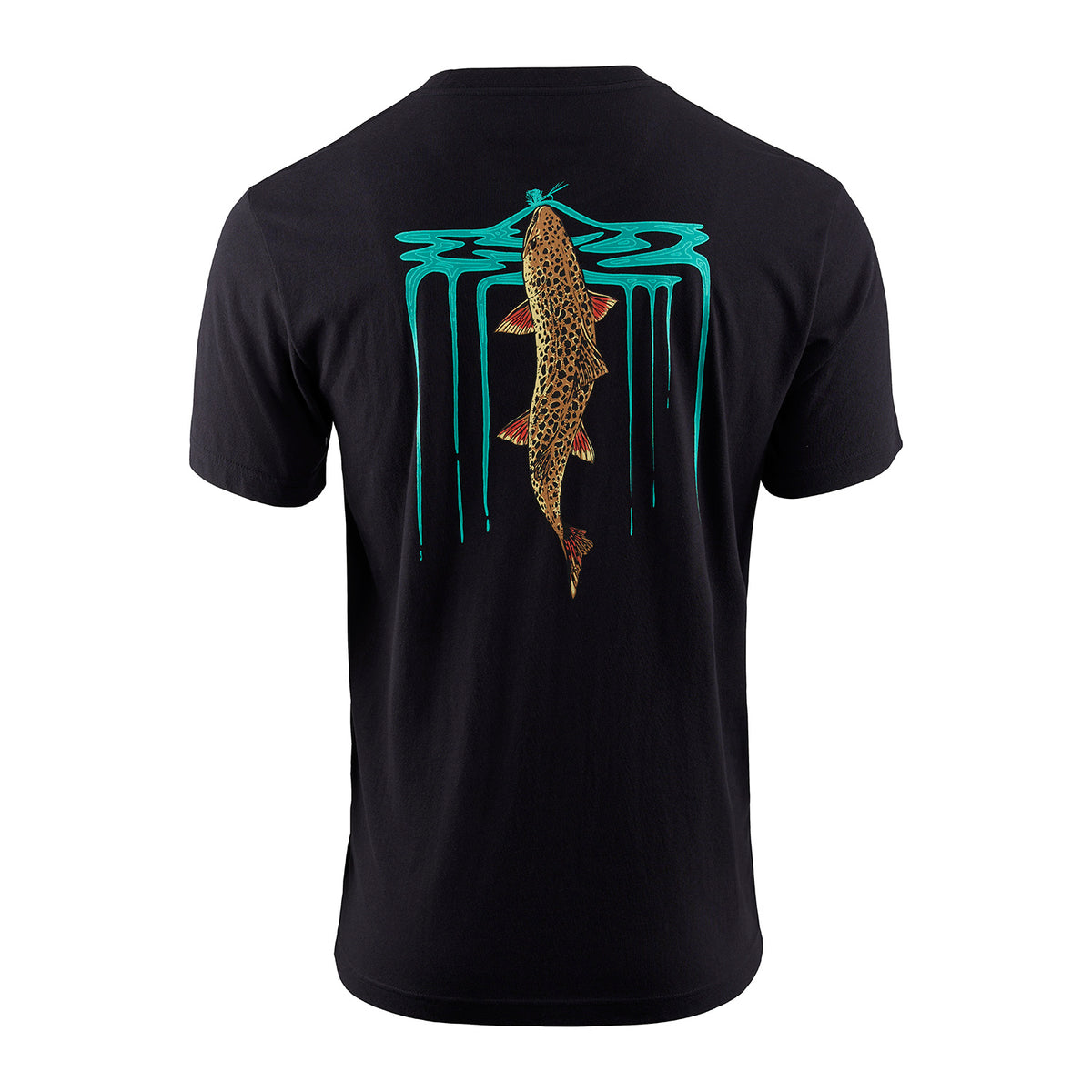 Black short-sleeve t-shirt featuring a colorful fish graphic and water design on the back.