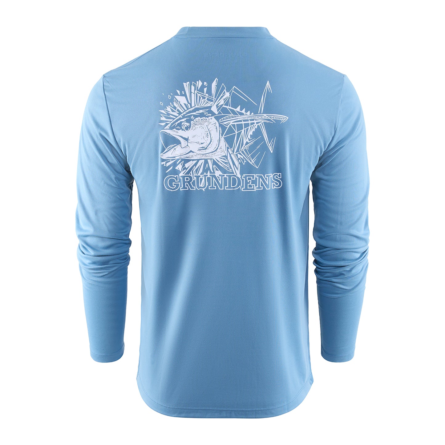 Light blue long-sleeve tech tee featuring a fish graphic and "Grundens" text on the back.