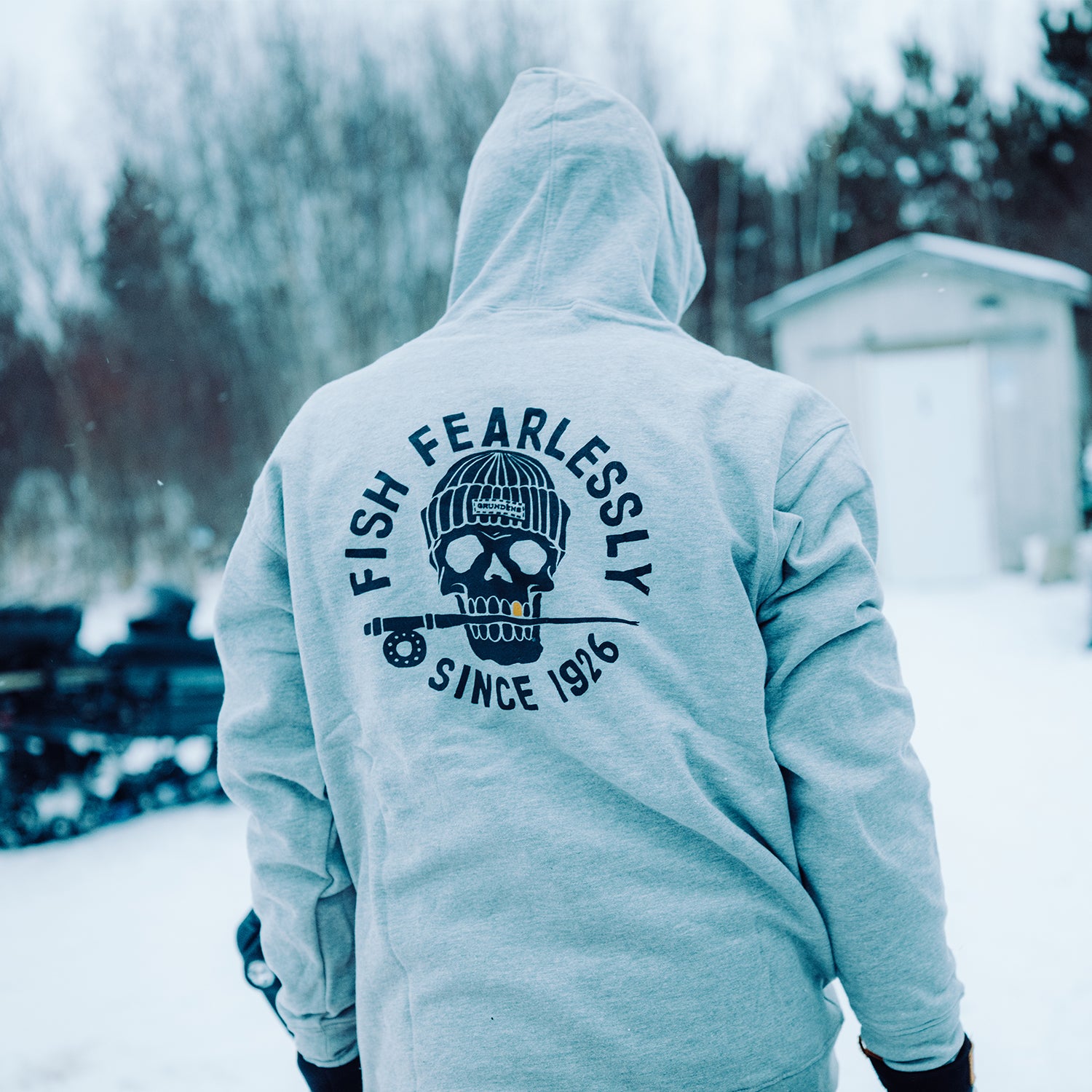 DeadStick Hoodie Athletic Heather Front View – Grundens