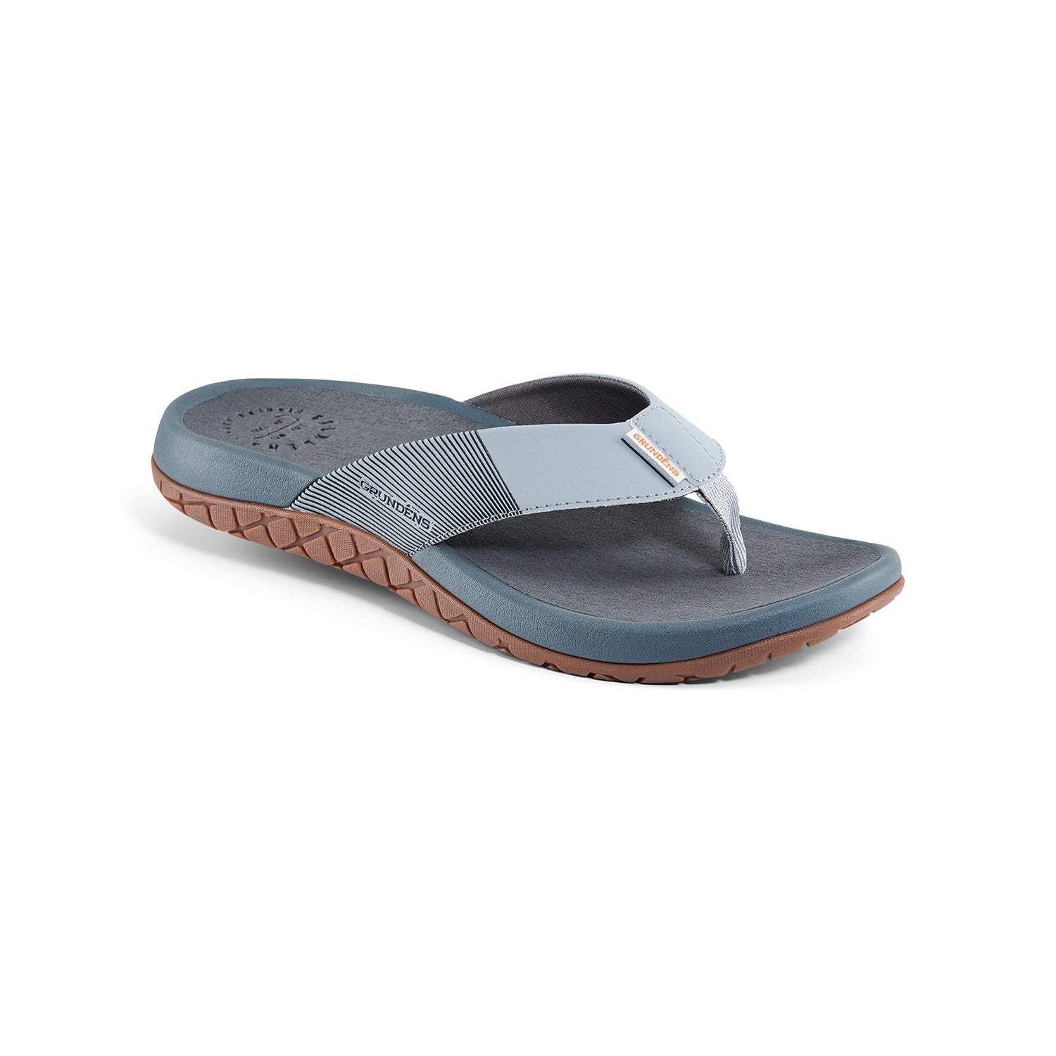 Blue and gray flip-flop sandal with a textured footbed and rubber outsole.