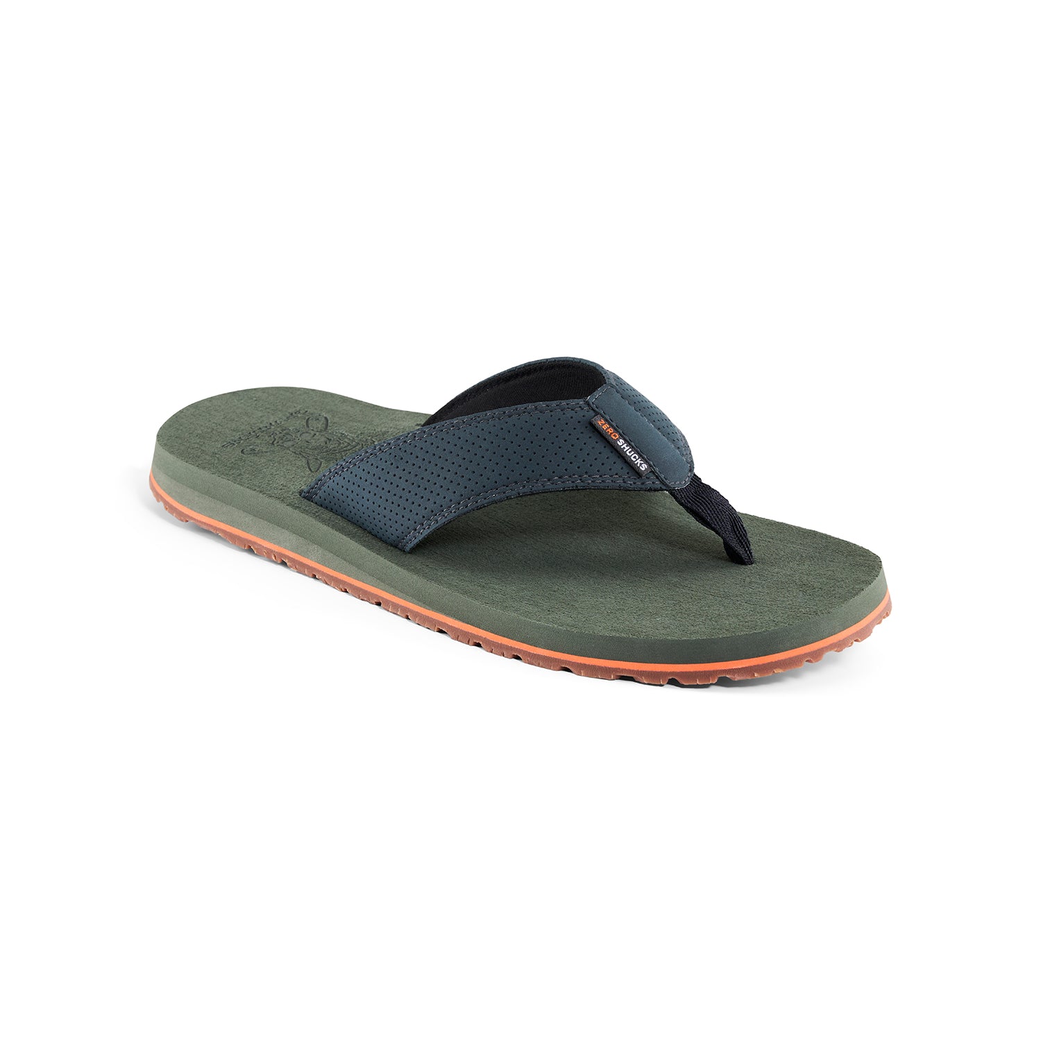 Sandal with a dark blue perforated strap, green footbed, and orange rubber sole.