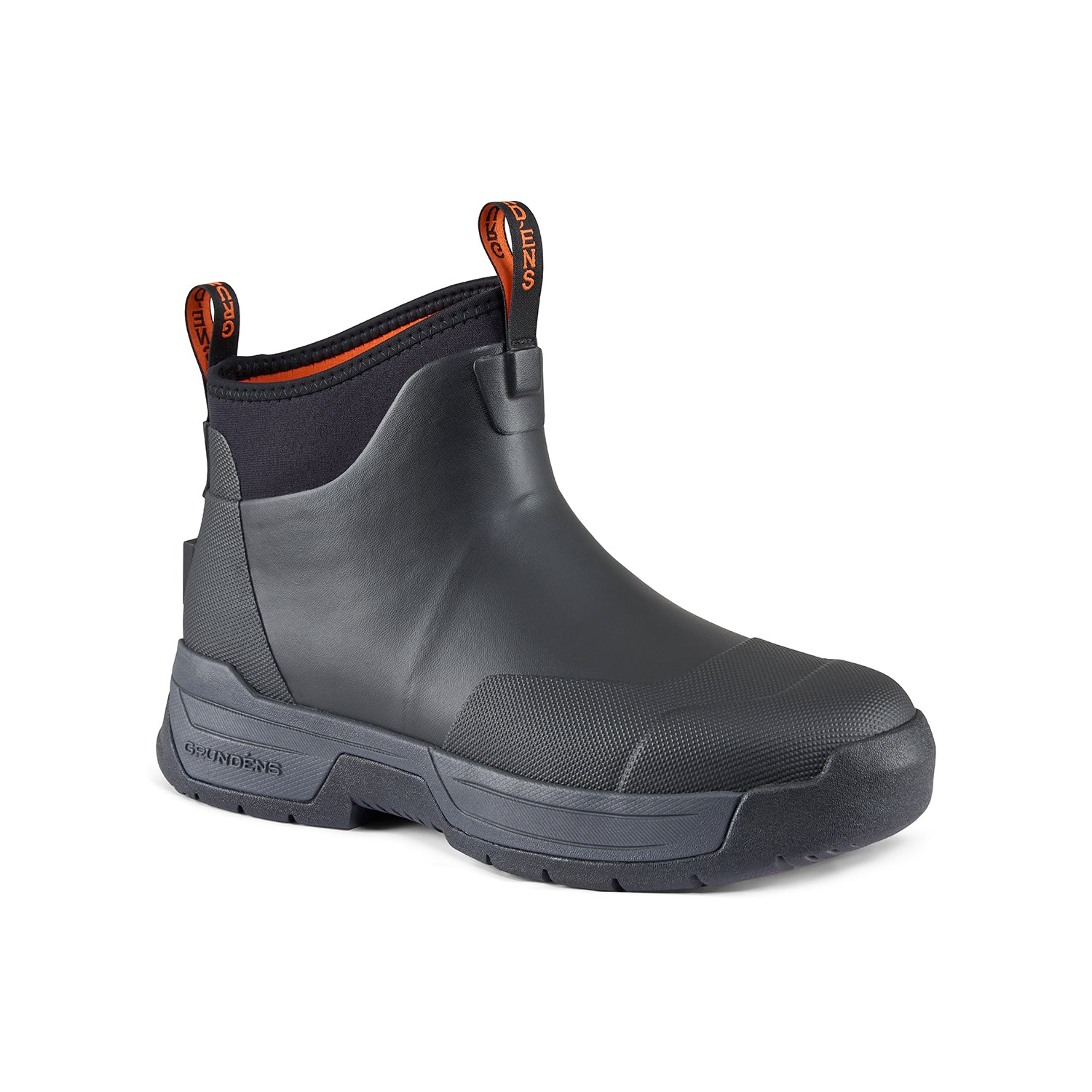 Black ankle boot with a textured toe, elastic side panels, and pull tabs for easy wear.