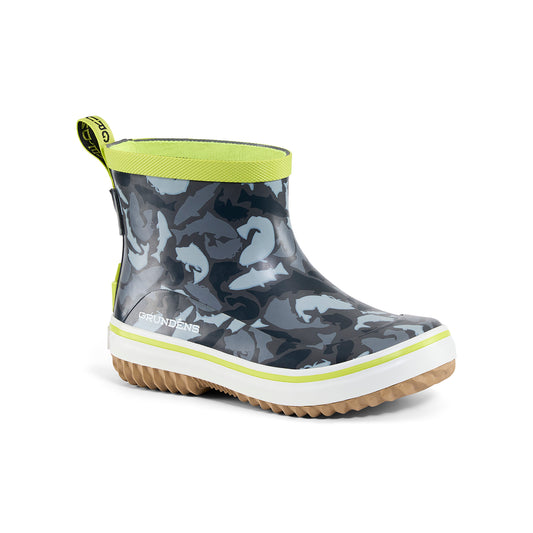 Kid's Guppy Rain Boot Blue Fish Camo Front View – Grundens