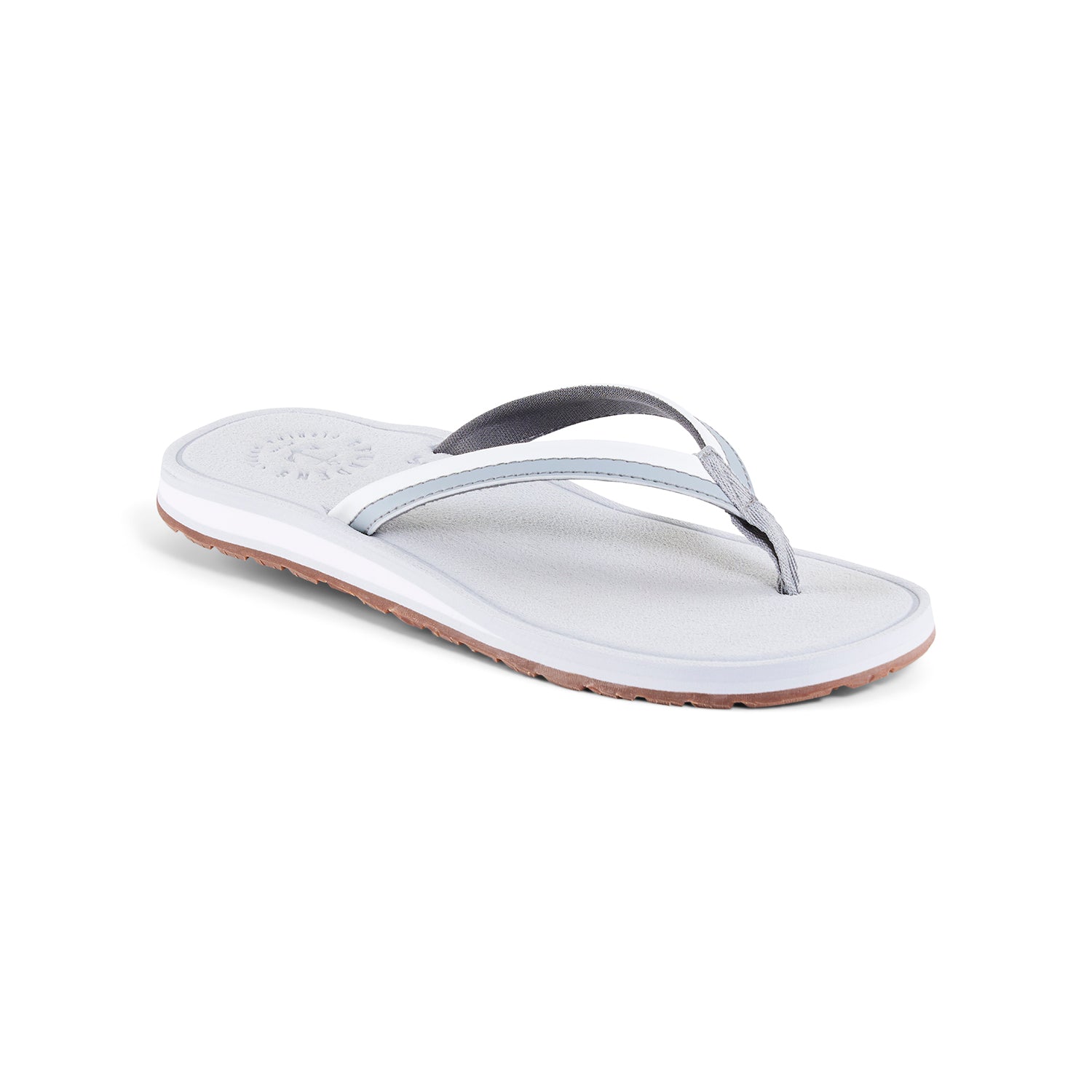 Gray and white women's flip-flop sandal with a textured footbed and a rubber sole.