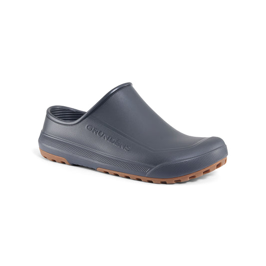 Dark gray slip-on shoe with a textured rubber upper and a brown rubber sole.