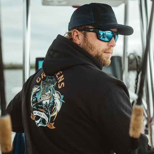 Tuna Tattoo Displacement DWR Hoodie Front View – Grundens