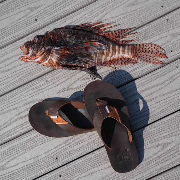 Inversa® leather lateral strap panel made from invasive lionfish skin