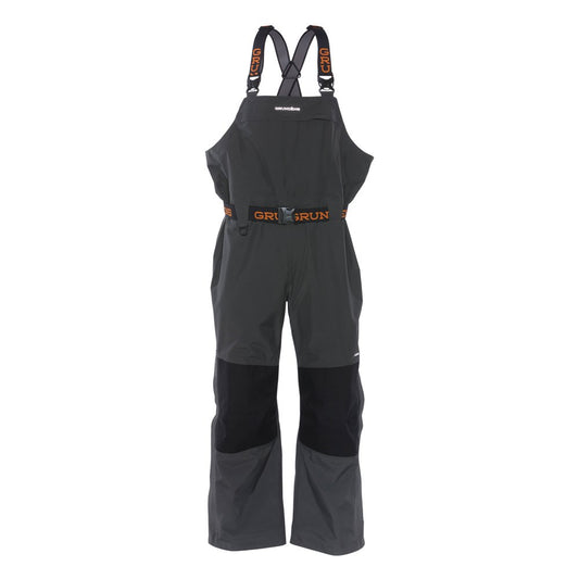 Gray GORE-TEX® bib overalls with adjustable straps and a black waistband featuring the brand name.