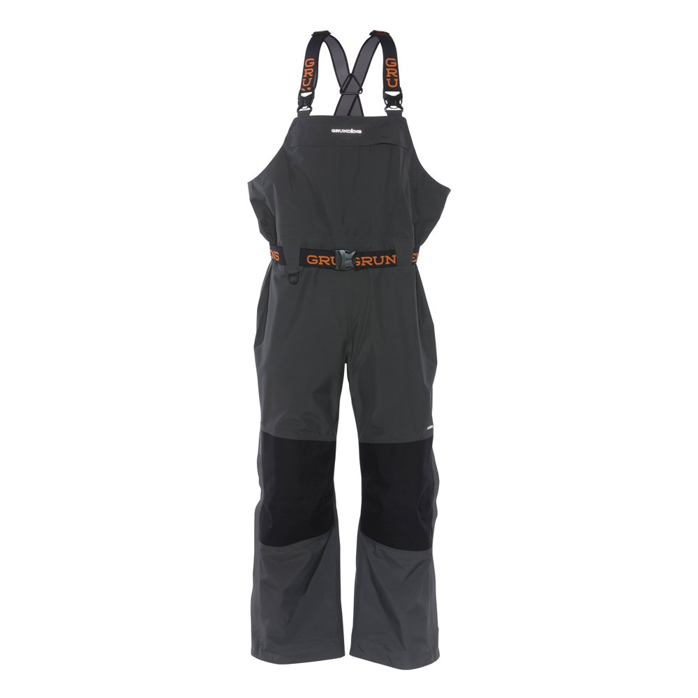 Gray GORE-TEX® bib overalls with adjustable straps and a black waistband featuring the brand name.