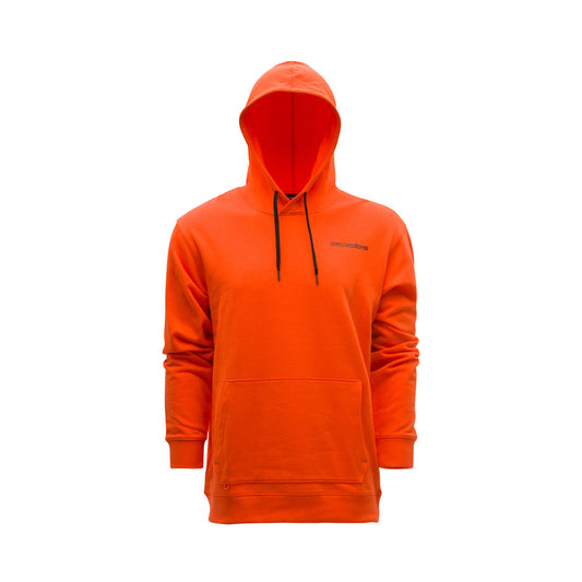 Bright orange hoodie with a front pocket and black drawstrings, featuring a logo on the chest.