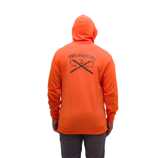 Orange hoodie with a logo on the back featuring crossed fishing tools and the brand name "Grundéns Fishing Supply Co."