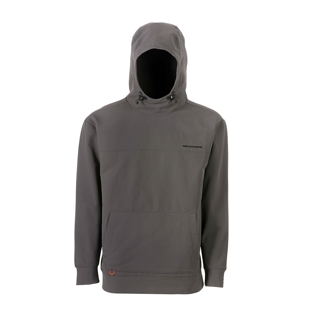 Gray hoodie with a front pocket and adjustable drawstring hood.