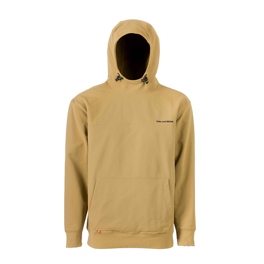 Tan hoodie with a drawstring hood and front pocket, featuring a logo on the chest.