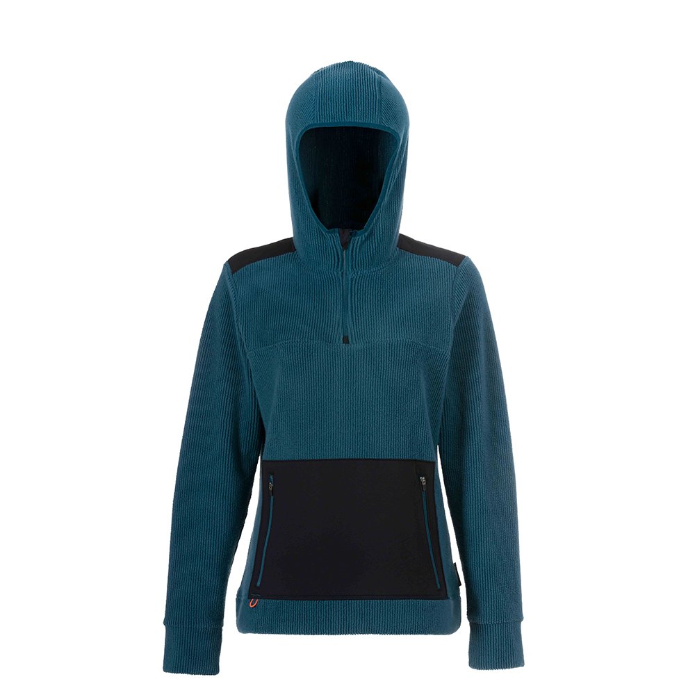 Teal fleece hoodie with a half-zip front, black accents, and two front pockets.