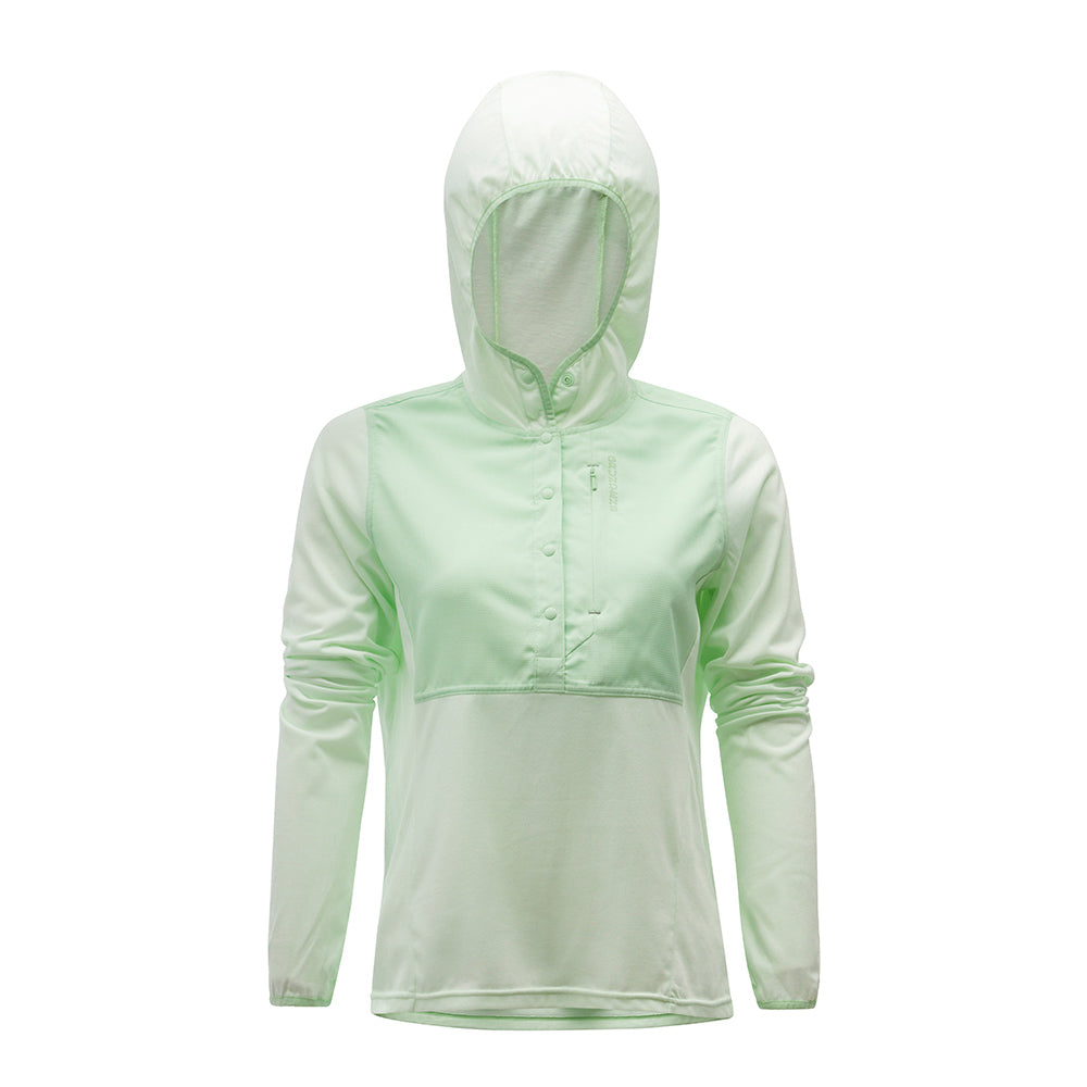 Light green hoodie with a front pocket and a drawstring hood, designed for women.