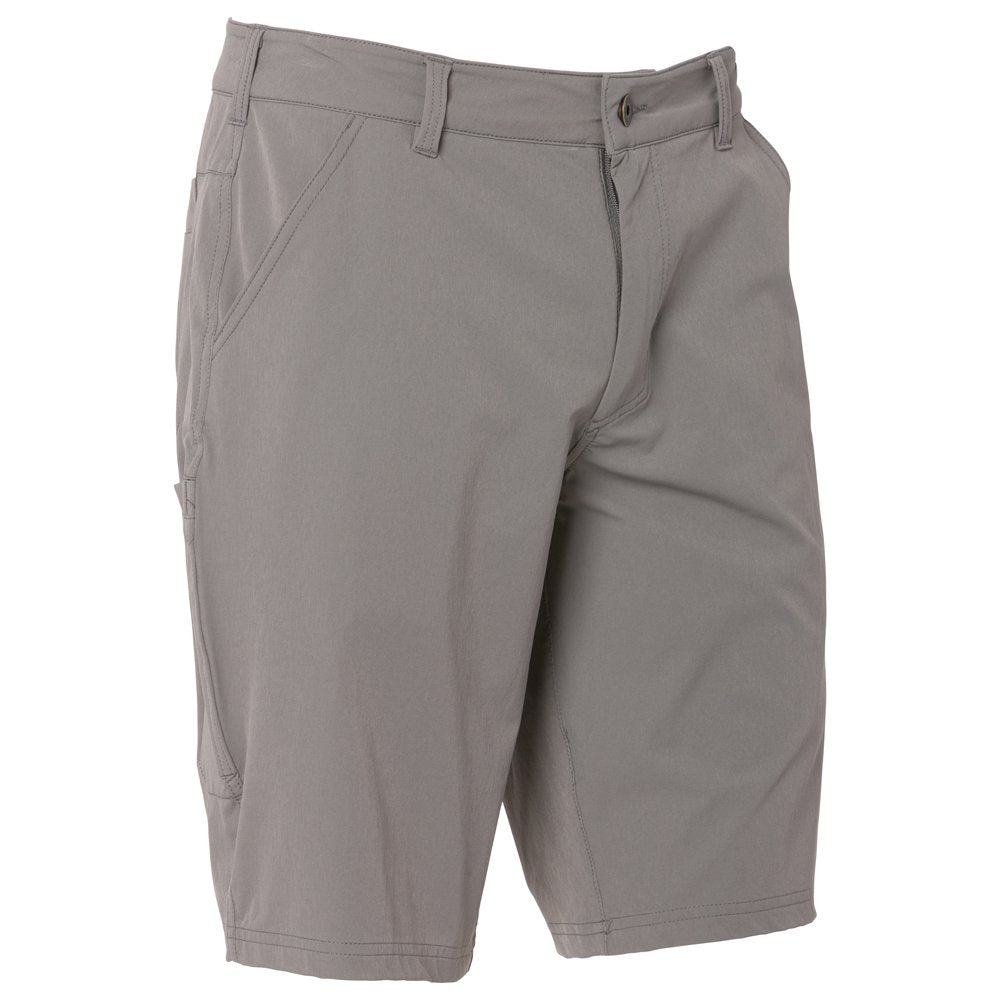 Gray shorts with a flat front, side pockets, and a zipper fly, designed for casual wear.
