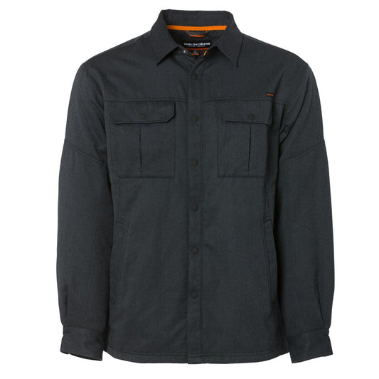 Dark gray insulated shirt with a button-up front, two chest pockets, and long sleeves.