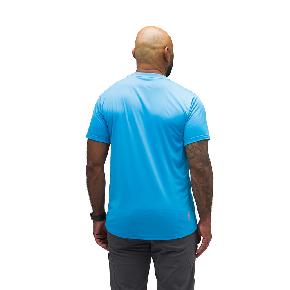 Men's short-sleeve crew neck shirt in bright blue, shown from the back.