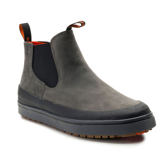 Gray leather chukka boot with elastic side panels and a rubber sole, featuring a pull tab on the heel.