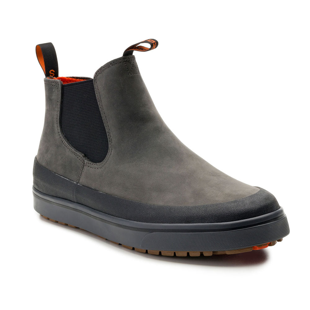 Gray leather chukka boot with elastic side panels and a rubber sole, featuring a pull tab on the heel.