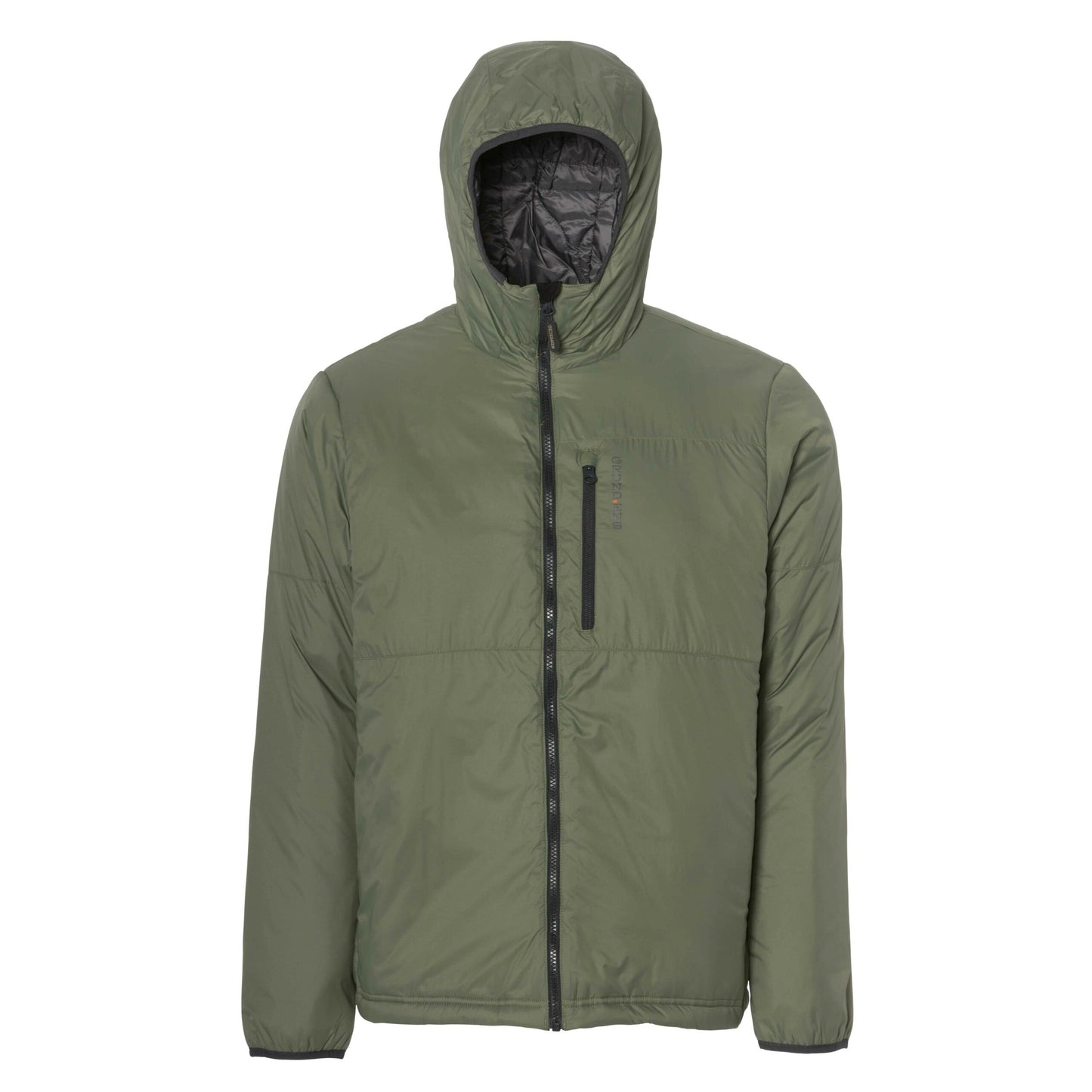 Insulated jacket in olive green with a hood and front zipper, featuring a chest pocket.