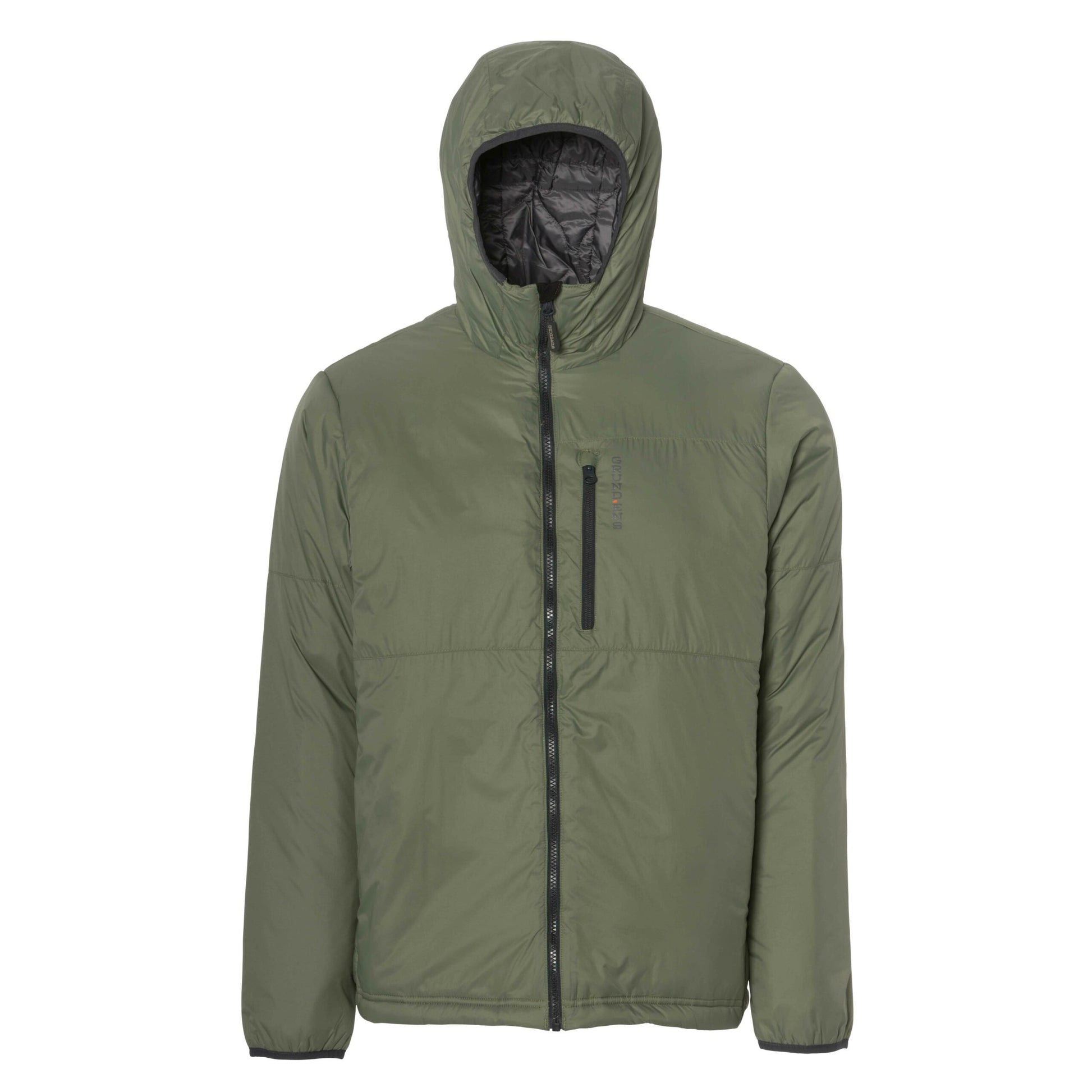 Insulated jacket in olive green with a hood and front zipper, featuring a chest pocket.