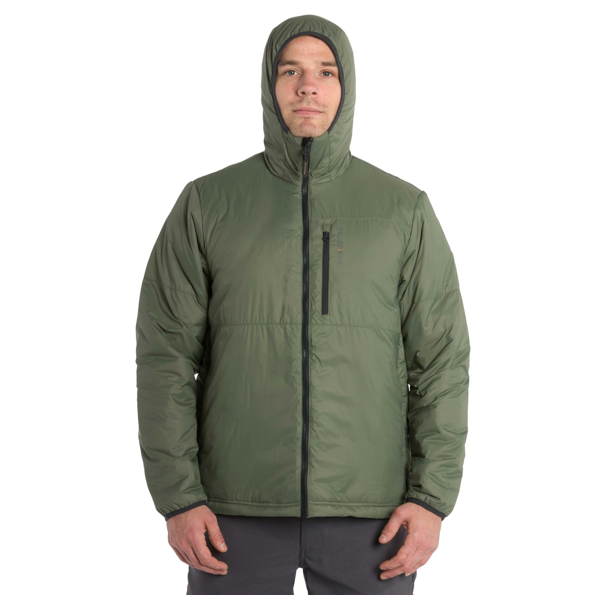 Insulated jacket in olive green with a hood and front zipper, featuring a chest pocket.