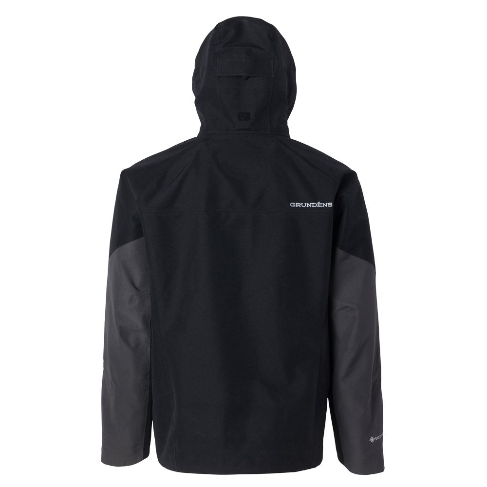 Black Gore-Tex jacket with a hood, featuring gray accents and a logo on the back.