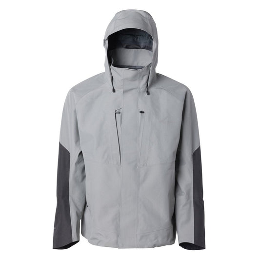 Gray GORE-TEX® jacket with a hood, featuring black accents and multiple front pockets.