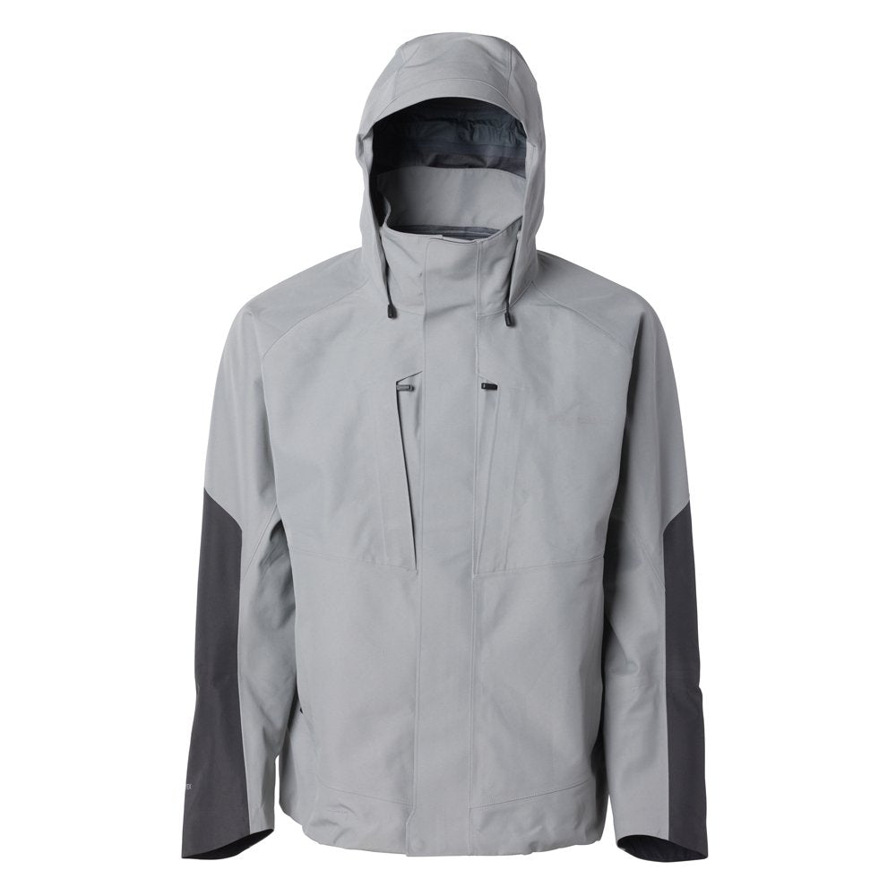 Gray GORE-TEX® jacket with a hood, featuring black accents and multiple front pockets.