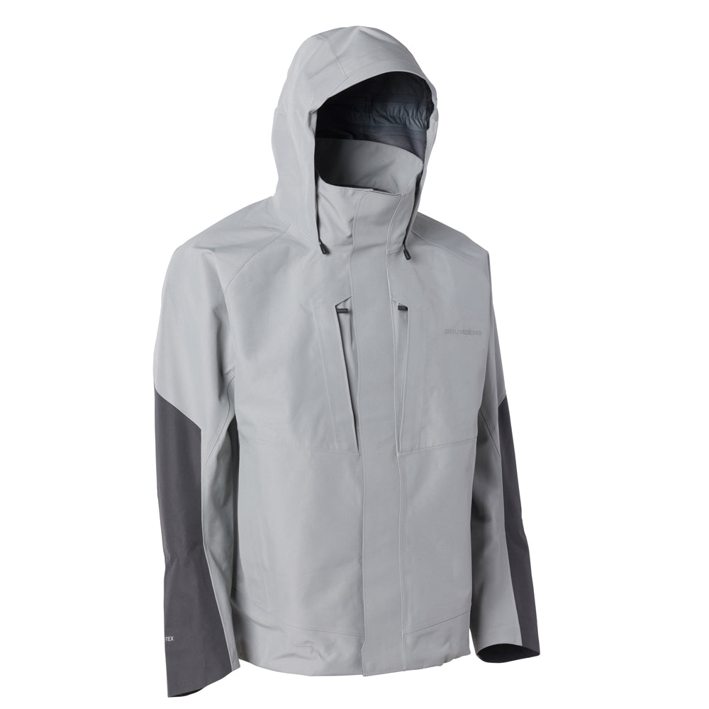 Light gray GORE-TEX® jacket with a hood and dark gray accents on the sleeves and sides.