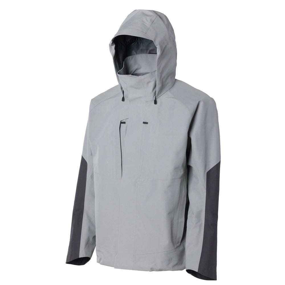 Light gray jacket with a hood and black accents, featuring a front pocket and adjustable drawstrings.