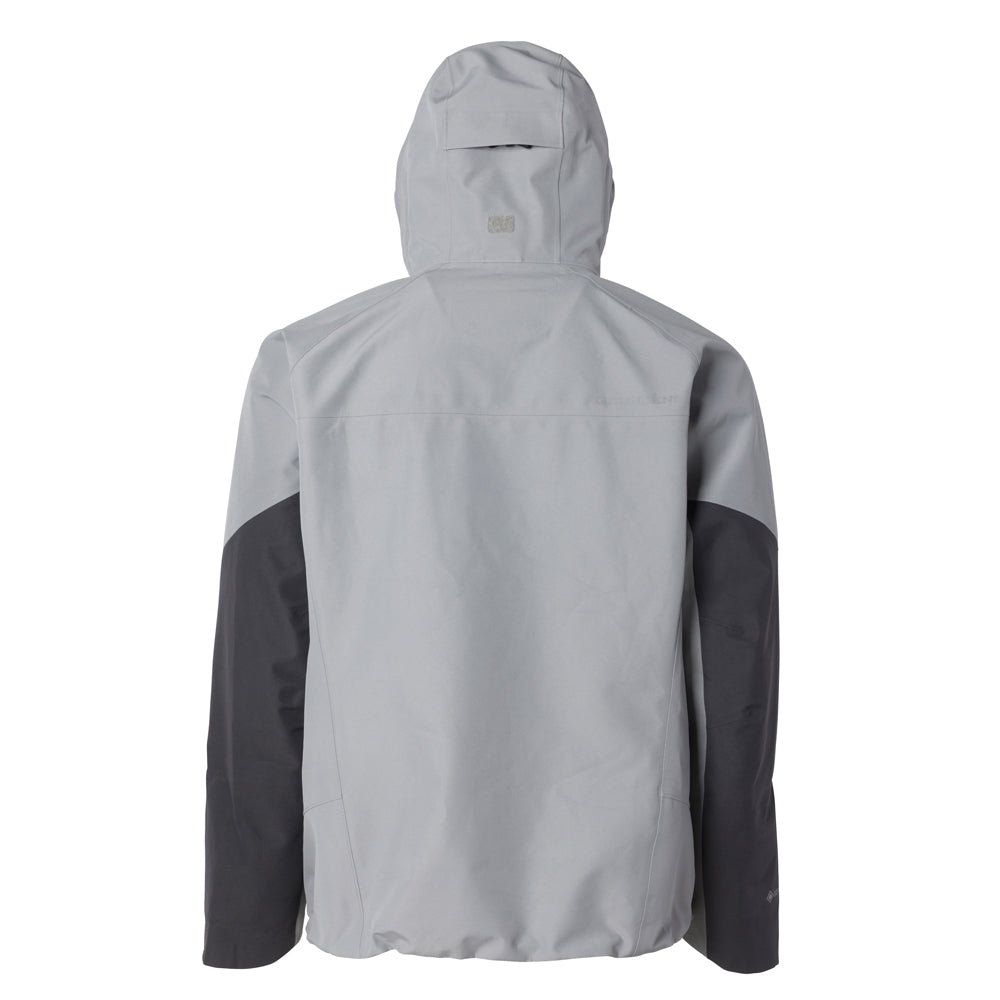 Gray jacket with a hood, featuring black sleeves and a smooth fabric finish.