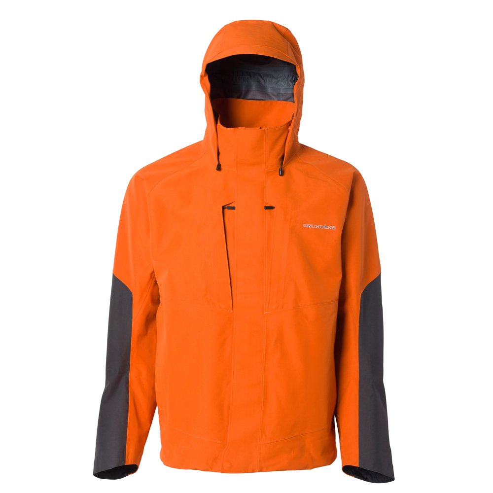 Bright orange jacket with a hood, featuring gray sleeves and a front zippered pocket.