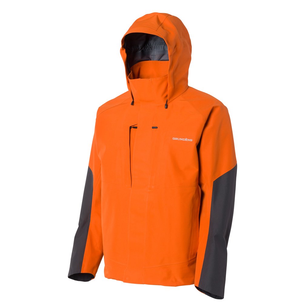 Bright orange jacket with a hood and gray sleeves, featuring a front pocket and adjustable drawstrings.